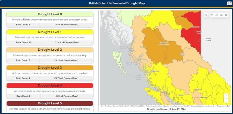 A map showing drought levels across B.C.