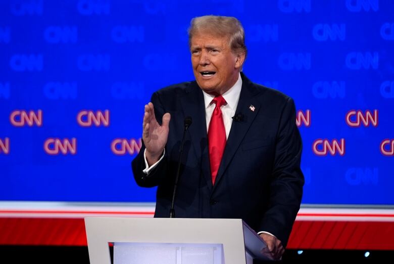 Former U.S. president Donald Trump is seen speaking during the CNN-hosted debate against his Democrat opponent U.S. President Joe Biden.