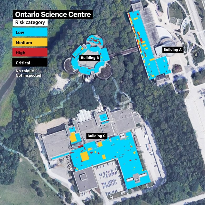 A map with colours that show what parts of the Science Centre roof panels were labelled high and critical risk of collapsing.