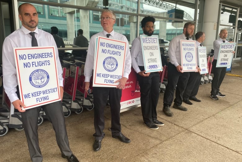 Six men with signs stand on a picket line.