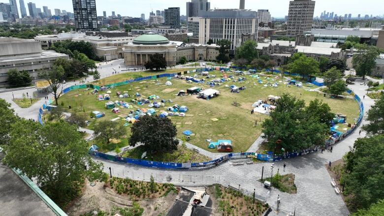 An aerial view of the University of Toronto encampment on July 2.