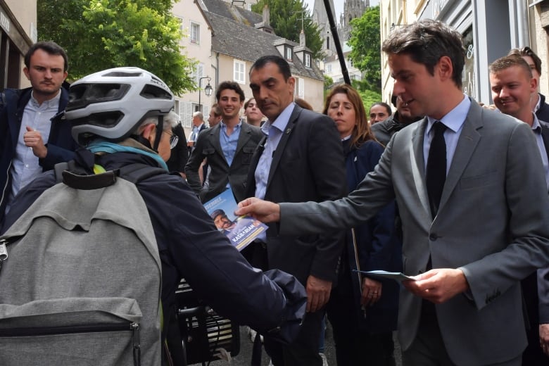 French Prime Minister Gabriel Attal campaigning in Chartres, France on Tuesday.