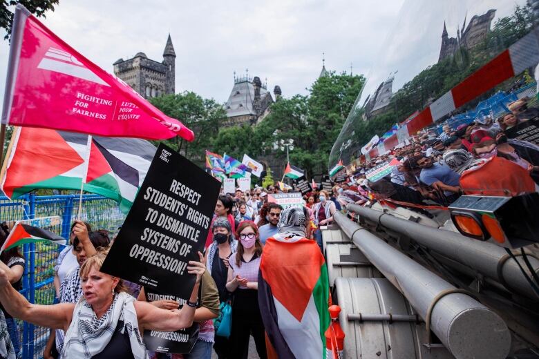 Pro-Palestinian demonstrators on the main campus of the University of Toronto are pictured on July 3, 2024. Demonstrators cleared the encampment on the university's grounds before the 6 p.m. deadline to avoid confrontation with police.