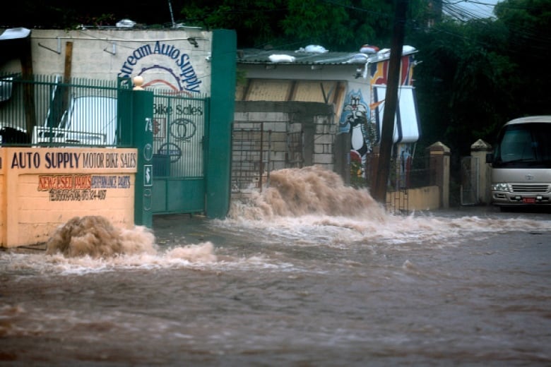 Water gushes through a gate onto a street at night.