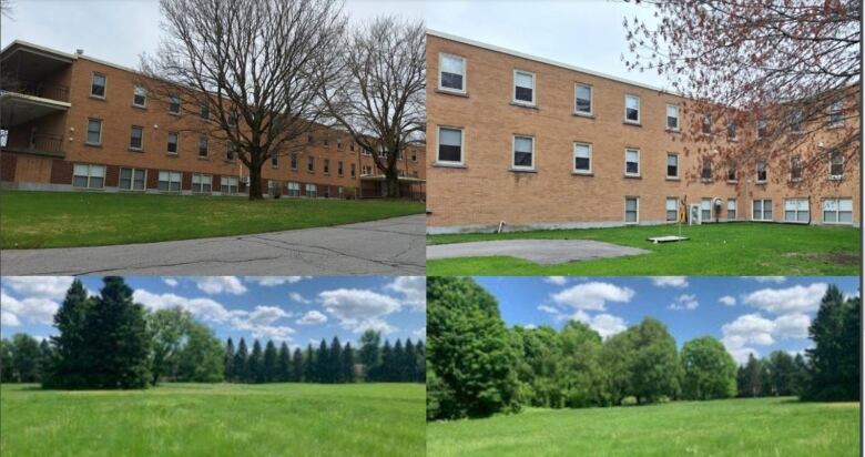 A composite image showing a brick building and surrounding greenspace