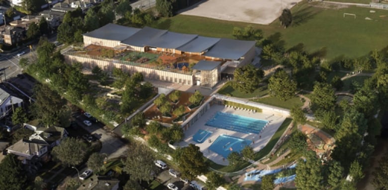 An aerial rendering of the location for an outdoor pool.