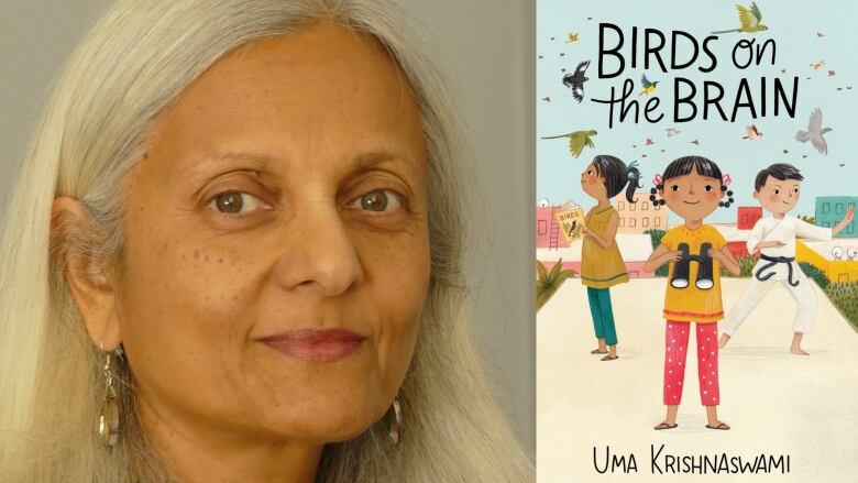 A book cover of Birds on the Brain by Uma Krishnaswami. The book cover shows  three children, one holding binoculars, and birds flying around them. The book's author smiles at the camera.