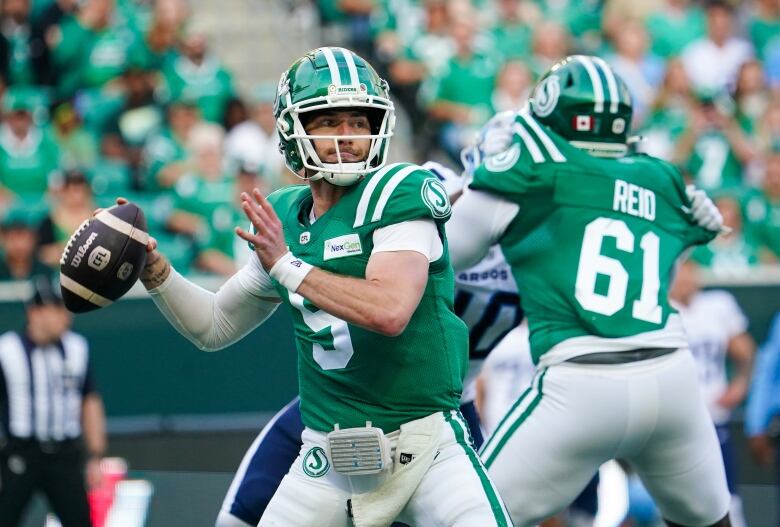 Saskatchewan Roughriders quarterback Shea Patterson (5) winds up to throw against the Toronto Argonauts during the first half of CFL football action in Regina, on Thursday, July 4, 2024. 