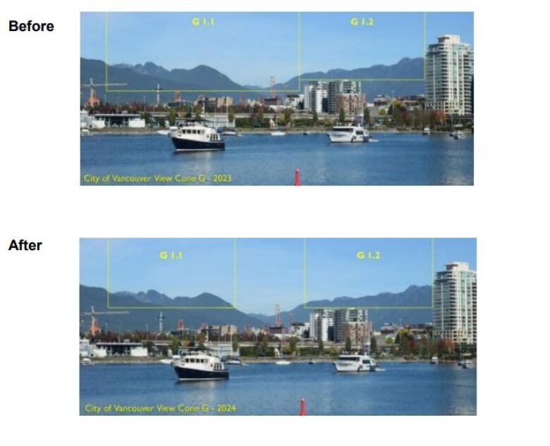 A before and after photo showing yellow-bordered boxes of a North Shore view from Vancouver's Olympic Village.