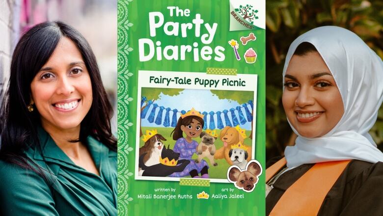 A book cover of Fairy-Tale Puppy Picnic by Mitali Banerjee Ruths, illustrated by Aaliya Jaleel, showing a little girl sitting outside having a picnic with a variety of puppies who are all wearing crowns. The author and illustrator smile at the camera.