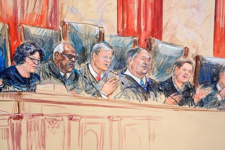 A court sketch shows six justices seated at the bench in the United States Supreme Court. 