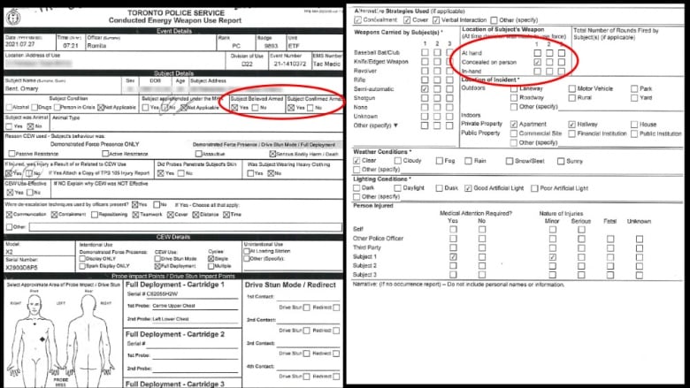 Screenshots of two documents, with circles highlighting where police improperly indicated Bent was armed.