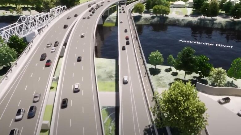 Rendering of traffic expansion on bridge spanning Assiniboine River in Winnipeg.