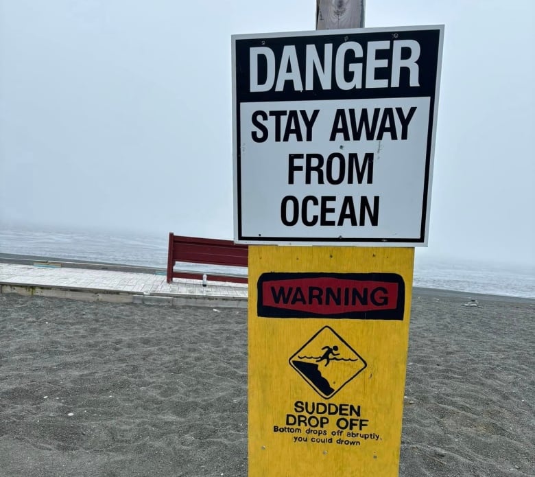 Two signs on a beach. One reads 'Danger Stay Away From Ocean', while the other reads 'Sudden Drop Off: Bottom Drops off abruptly. You could drown.'