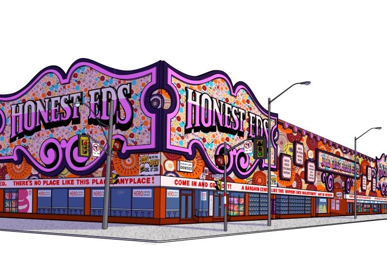 A colourful digital illustration of Honest Ed's, a huge discount store and landmark that once stood at the corner of Bathurst in Bloor in Toronto.