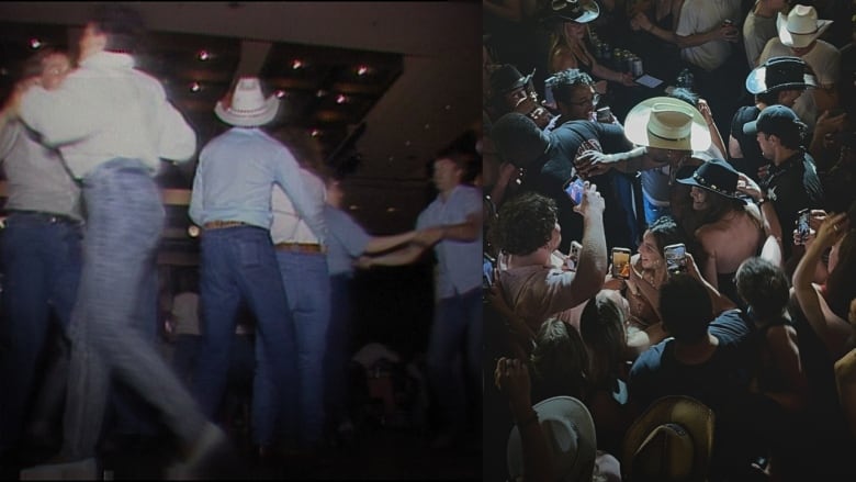 A composite image of people danicing in cowboy hats to the left alongside a concert image of a crowd taking photos with a performer