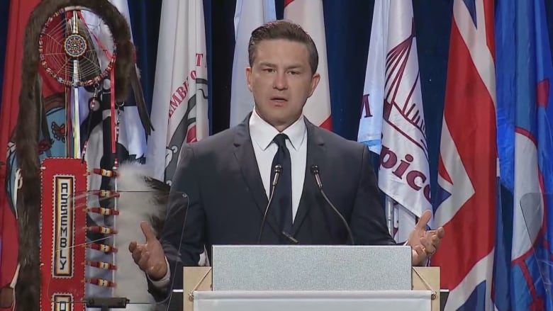 Pierre Poilievre, stands at a podium with his arms outstretched. 