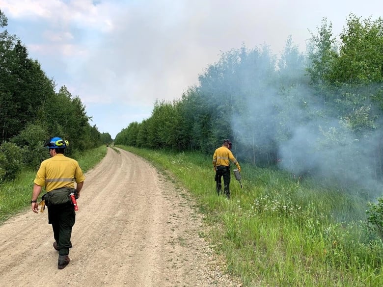 Men in firefighting gear walk down a gravel road