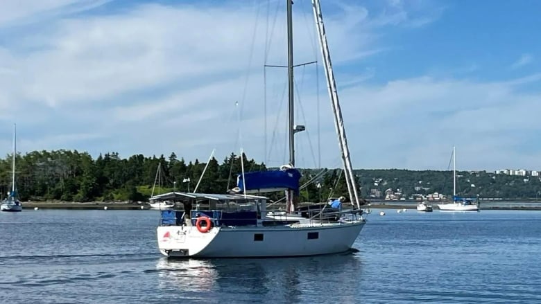 A sailboat can be seen in the ocean, with the shoreline in sight.