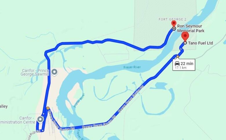 A map showing the distance between two communities.