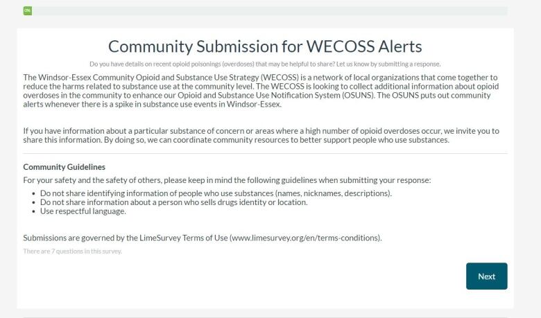 A screenshot of a website lists out how community members can fill out this brief survey to help the health unit better understand what is happening on the streets.