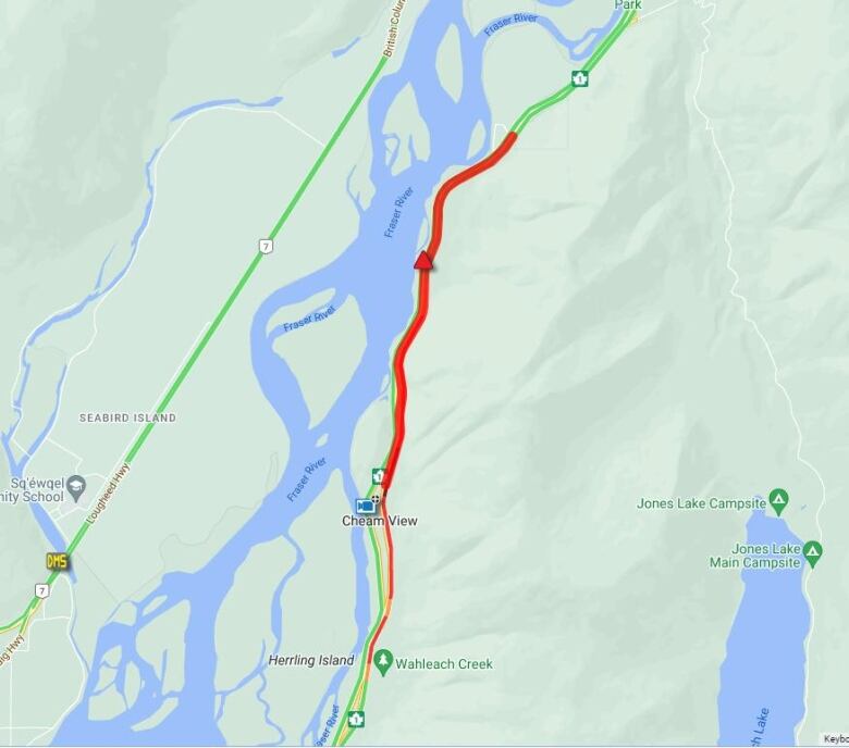 A red line on a map showing affected traffic on Trans-Canada Highway