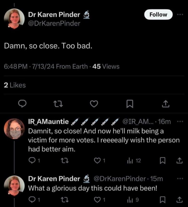 A screenshot of a tweet from Dr. Karen Pinder saying 'Damn, so close. Too bad', a reply from IR_AMauntie reading, 'Damnit, so close! And now he'll milk being a victim for more votes. I reeeeally wish the person had better aim.' and a reply from Pinder reading 'What a glorious day this could have been!'