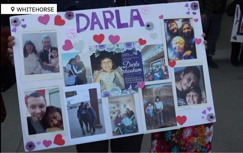 The photo shows a poster with several photos of a woman named Darla 