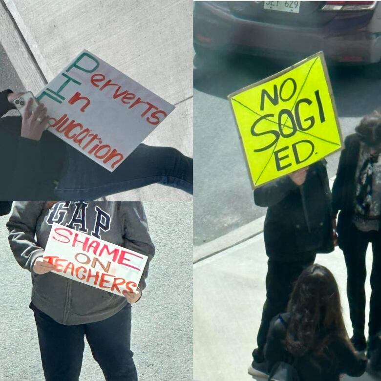 A composite of three photos of people holding signs. Signs read: 