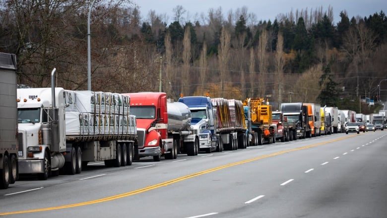 A long line of semi-trucks sit on the side of a highway as cars drive past them in another lane. 