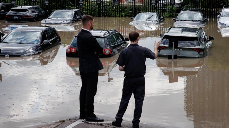 Onlookers take in the spectacle of flooded and abandoned vehicles at a high end dealership after a major rain squall caused the Don River to burst its banks on July 16, 2024.