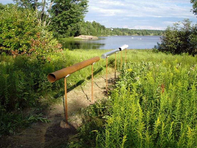 An artwork comprised of three horizontal pipes is stationed on a leafy green lakefront.