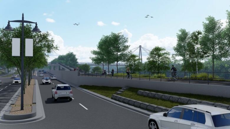 An artist rendering of the Sunnyside flood barrier, where groundbreaking took place Thursday.