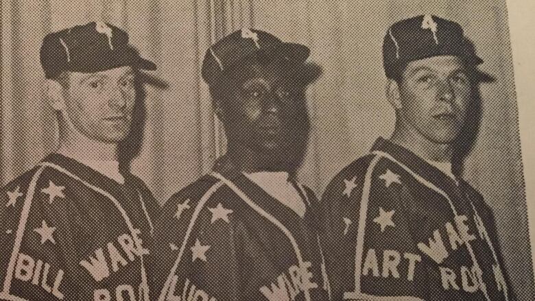 An old black-and-white photo shows five men standing together wearing baseball uniforms. The title above says Glace Bay Auto Supply Rockets: four-man team.