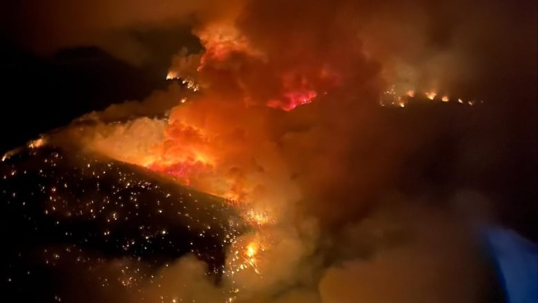 An aerial view of a wildfire at night.