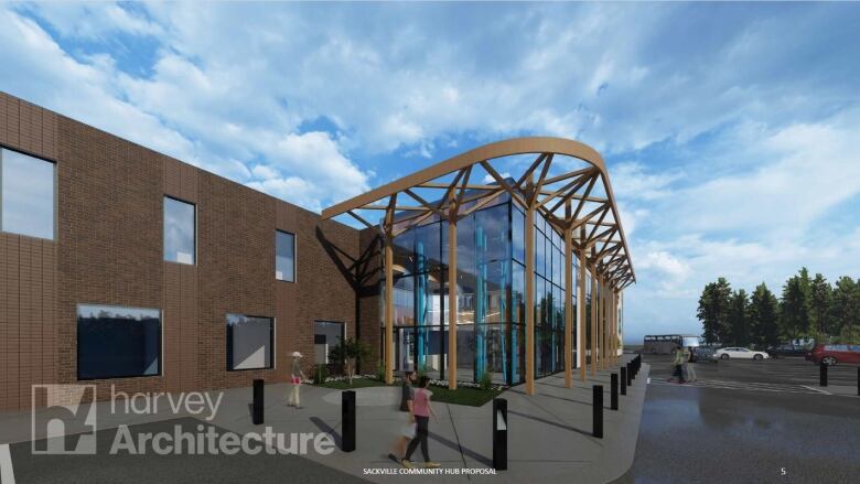 A computer image shows a 2-storey brick building from the front parking lot with a glass and wooden entrance