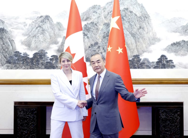 Mlanie Joly, wearing a white suit, shakes hands with Wang Yi, who is wearing a blue suit. 