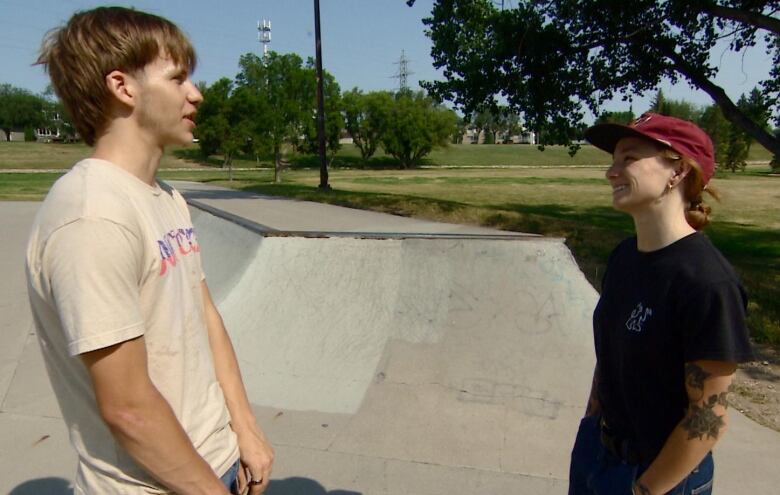 Bryson Sheldon and Sarah Kelly chat at the Lions Skate Park in Saskatoon. They'll both be attending a celebration hosted by local group Right to Skate there Saturday.