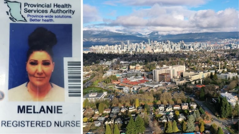 A fake nurse credential is pictured on one side of this composite image, with the B.C. Women's & Children's Hospital on the right. 