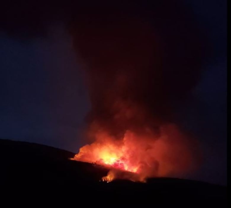 Orange and red smoke are seen on a dark night.