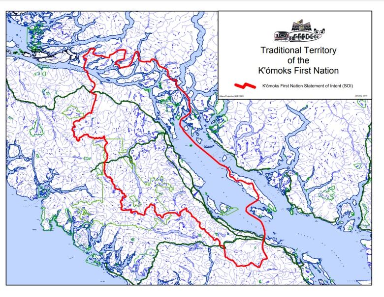 A map outlines a territory stretching from north of Johnstone Straight down to Qualicum Beach.