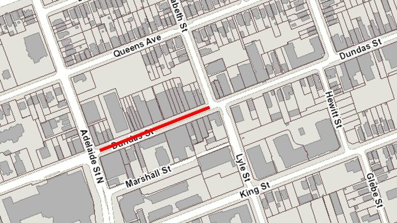 A downtown London map showing a road closure between Adelaide Street North and Elizabeth Street with a red line. 