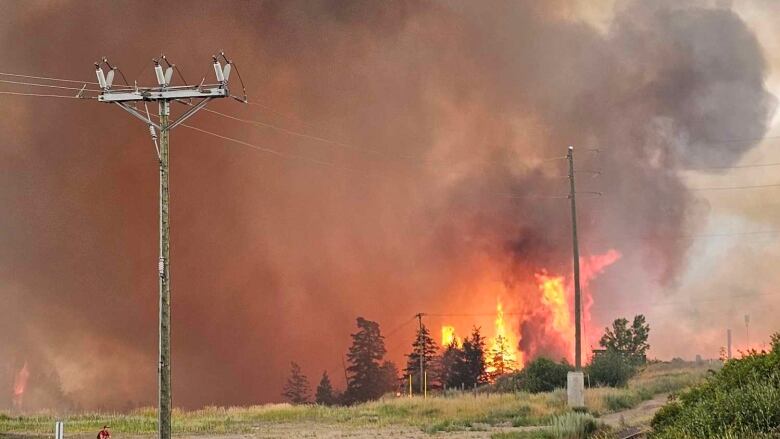 Flames in the distance with train tracks in the foreground.