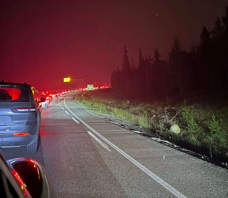 A long lineup of cars on a highway with red sky in the background.