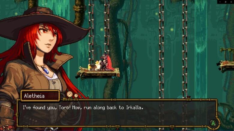 An image from a video game with a character to the left with long red hair, wearing a wide-brimmed hat.