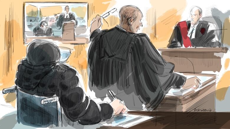 A courtroom sketch of a man in a wheelchair and a lawyer talking in front of him, waving his glasses around. A judge sits before them.