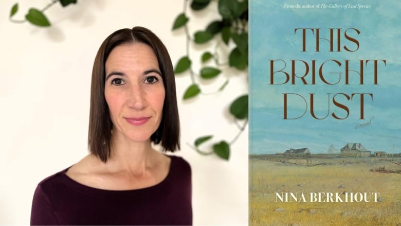 A white woman with a brown bob looks into the camera. A book cover shows a painted prairie farm under a blue sky. 