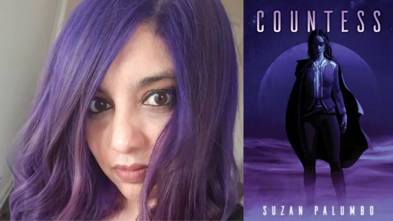 A woman with long purple hair looks into the camera. A book cover shows a woman wearing a cape standing on an alien planet. 