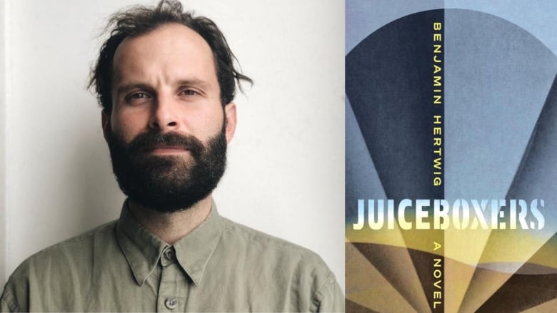 A white man with dark hair and a beard looks into the camera. A book cover shows an illustrated desert under a blue sky. 