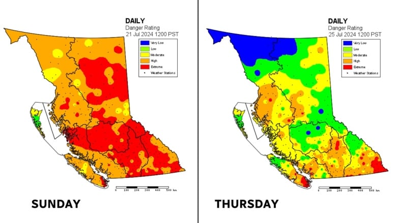 two map charts showing lower danger ratings in many parts of B.C. thursday compared to sunday